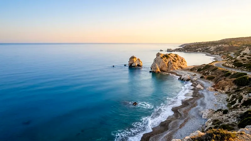 Aphrodite's Rock sea stacks on Paphos coast at golden hour with calm blue sea