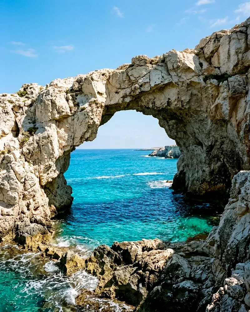 Limestone sea arch at Cape Greco above clear turquoise and deep blue water