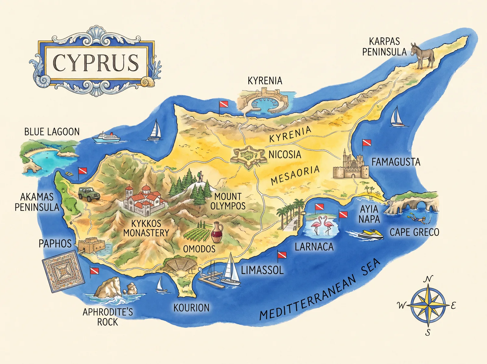Illustrated map of Cyprus showing Troodos mountains, coastal towns, beaches, ancient sites and the Karpas Peninsula.