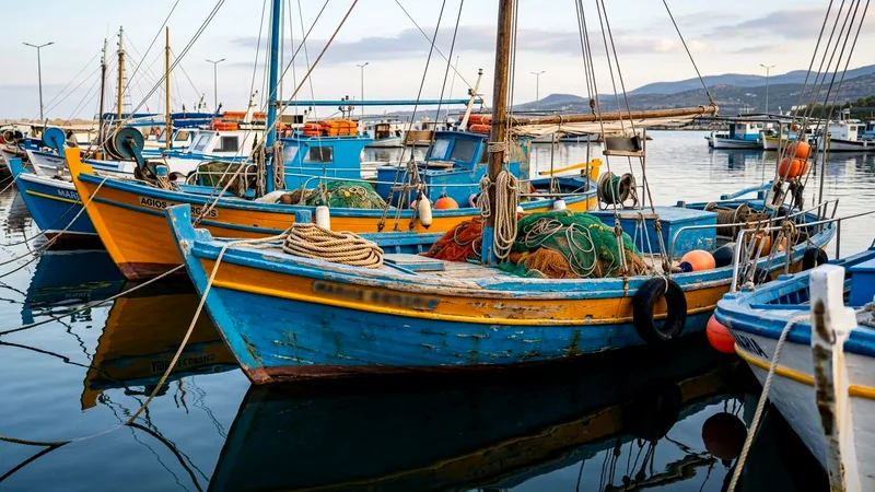 Blue and yellow wooden fishing boats moored in calm Latchi harbour at morning
