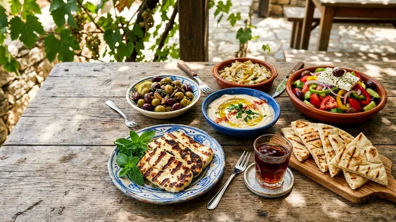 Cypriot meze with grilled halloumi, olives, salad and pitta on wooden table