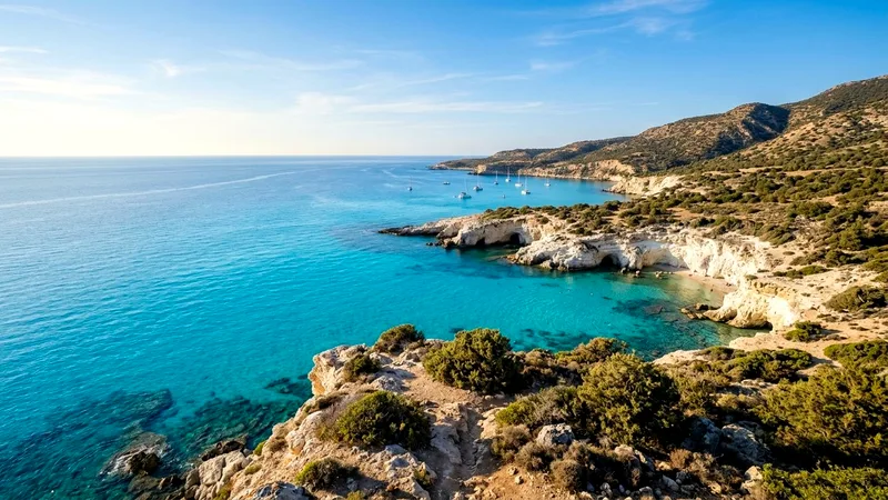 Turquoise Blue Lagoon on Akamas Peninsula with rocky coves and distant sailboats