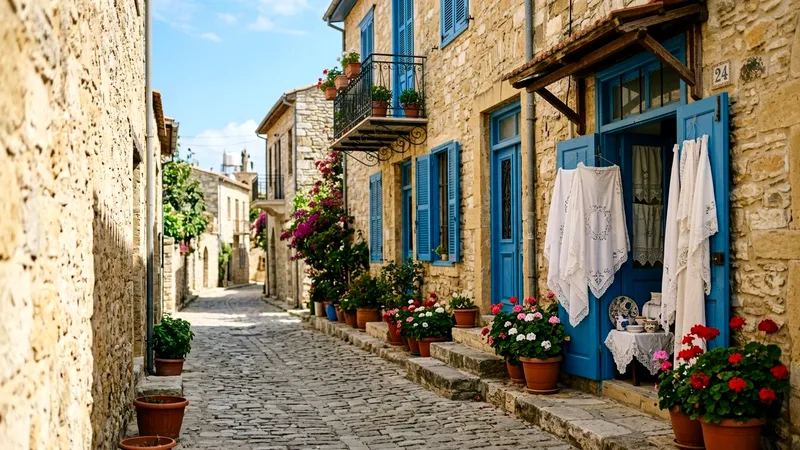 Stone lane in Lefkara village with blue shutters, geraniums and hanging lace
